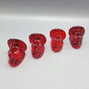 Set Of 4 Williams Sonoma Cranberry Glass Turkey Taper Candle Holder Thanksgiving